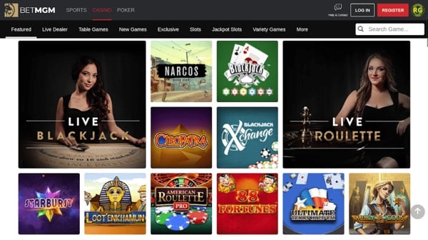 BetMGM Casino interface showing live dealer blackjack, video slots, and classic table games like roulette and baccarat