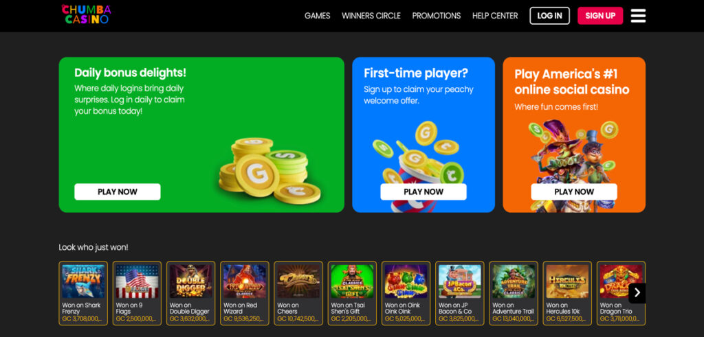 Chumba Casino game lobby showcasing top slots and promos for Texas players