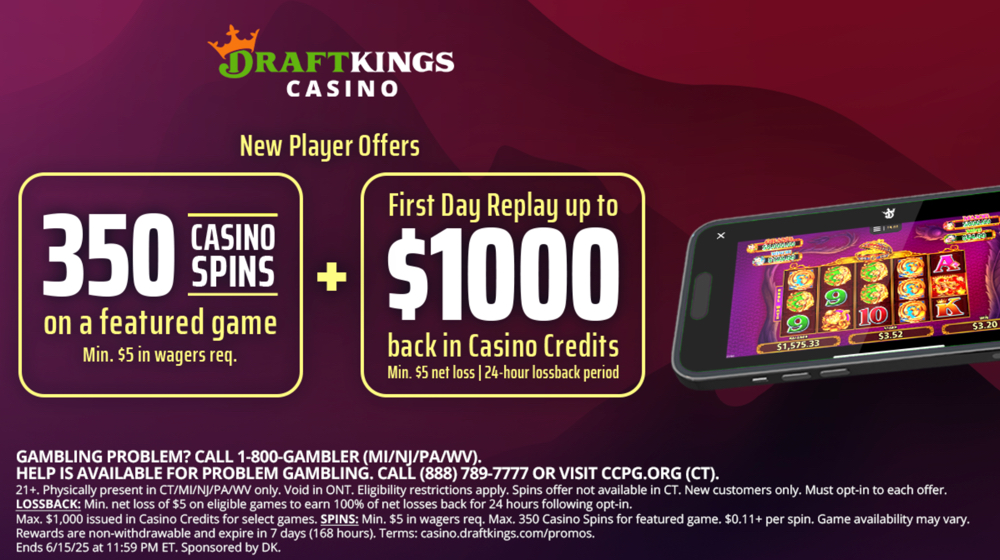 DraftKings Casino promo offering 350 spins on a featured slot and up to $1,000 in 24-hour lossback credits