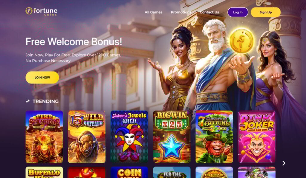 Fortune Coins website showcasing their free welcome bonus and trending slot games
