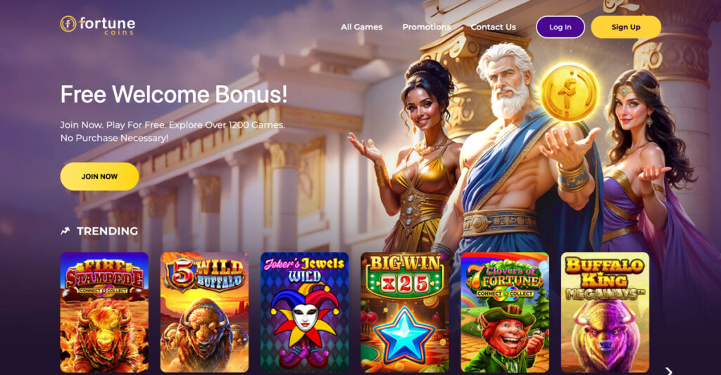 Fortune Coins homepage with slot games and promotions, listed as one of the best no-deposit casinos in Nevada