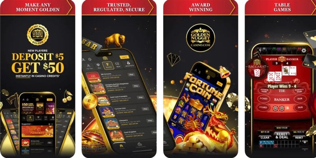 Screenshot of the Golden Nugget Casino mobile app interface showing featured slot games, navigation menu, and current promotions.