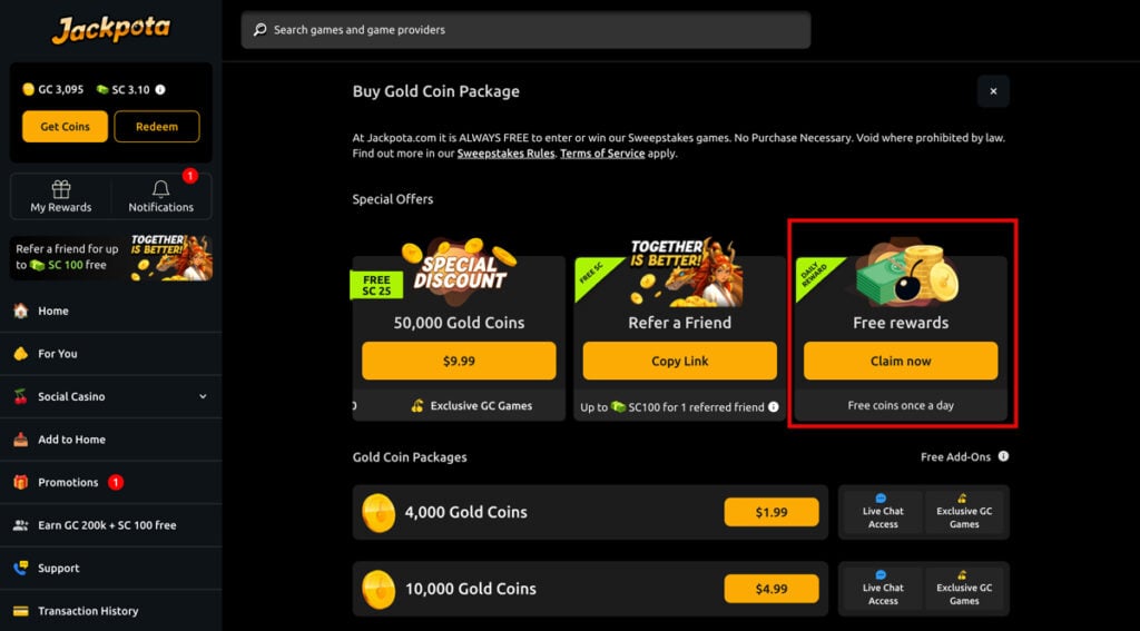 Daily login bonus offer highlighted under Special Offers in the Jackpota Casino Store