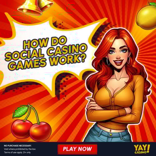 Yay Casino banner asking "How Do Social Casino Games Work?" with a focus on explaining Gold Coins vs Sweeps Coins