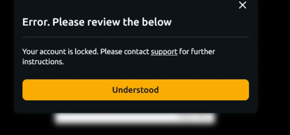 Jackpota login error showing a locked account message with support contact info