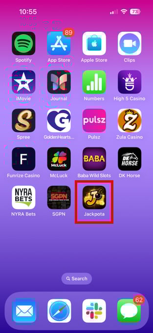 Jackpota Casino web app icon added to an iPhone home screen alongside other apps
