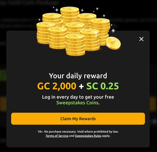 Jackpota Day 2 login bonus of 2,000 Gold Coins and 0.25 Sweepstakes Coins