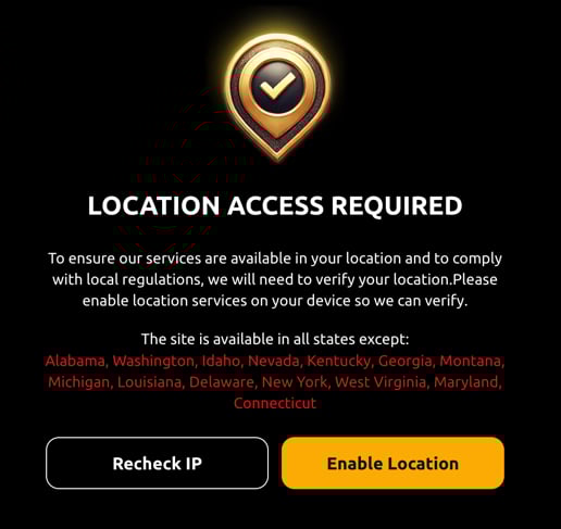 Jackpota message asking users to enable location services to verify they are in a state where the casino is legal