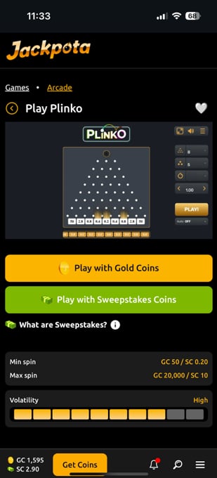 Plinko game on the Jackpota app with options to play using Gold Coins or Sweepstakes Coins