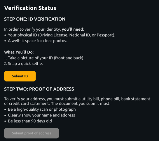 Jackpota verification screen showing steps to upload ID, take a selfie, and provide proof of address