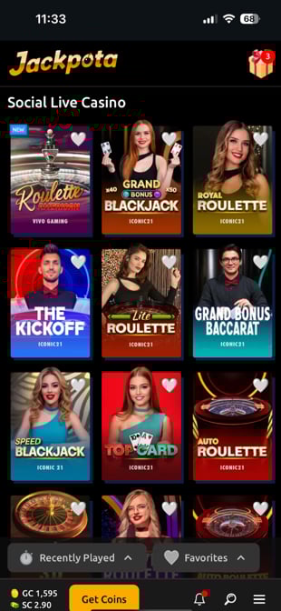 Live dealer games displayed on the Jackpota app, featuring options like blackjack and roulette