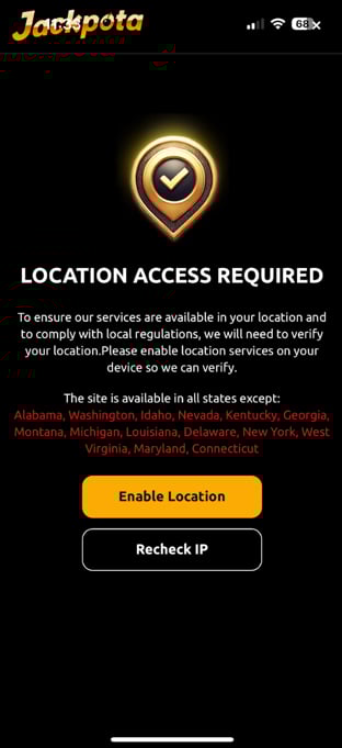 Location access prompt on the Jackpota app notifying users they must enable location services to play