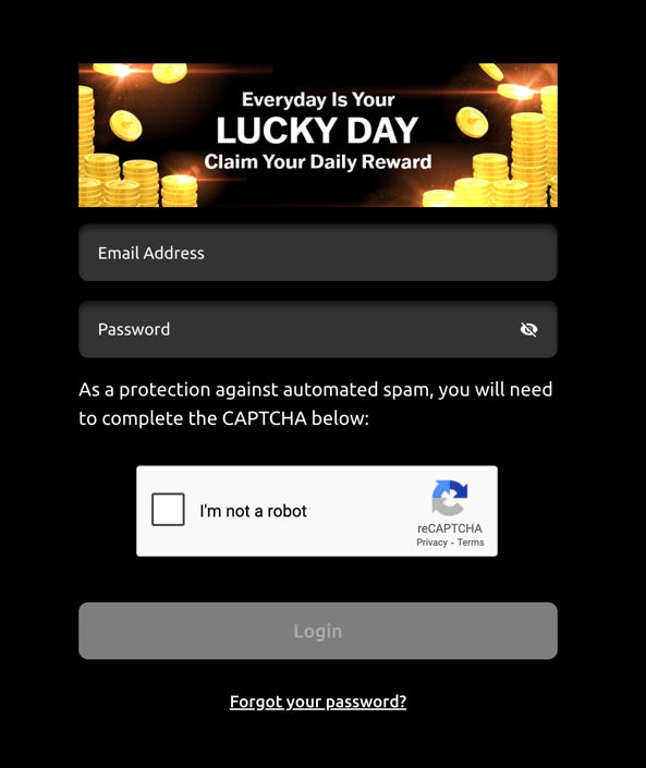 Login screen on Jackpota Casino showing email and password fields