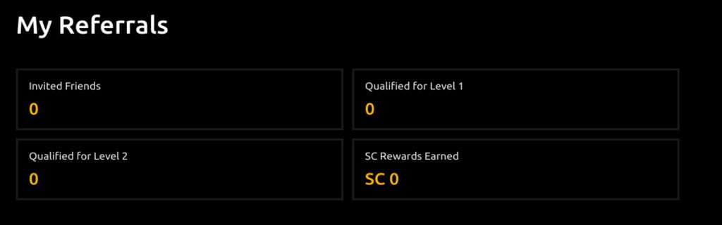 Jackpota My Referrals section showing invited friends, qualified referrals, and total SC rewards earned