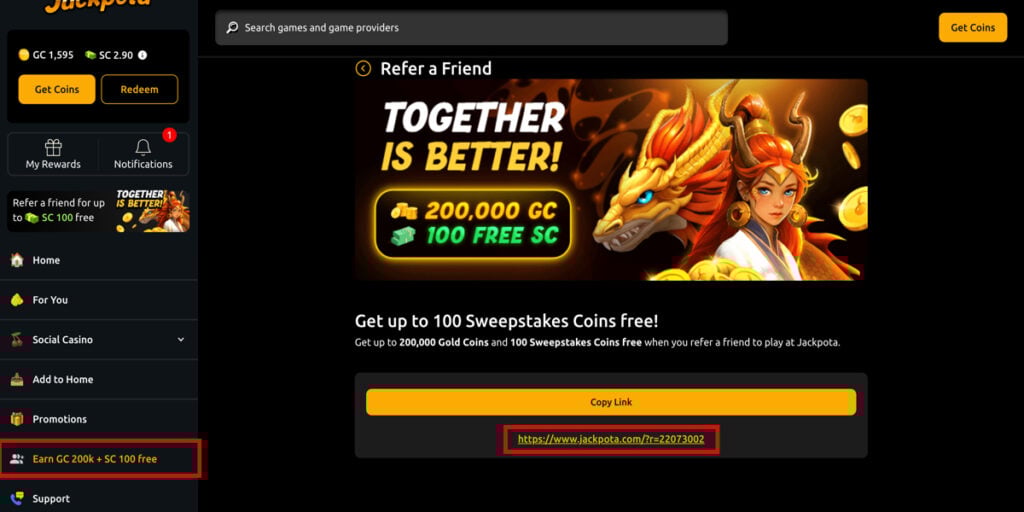 Jackpota Casino account screen highlighting where to find your unique referral link in the Refer A Friend section