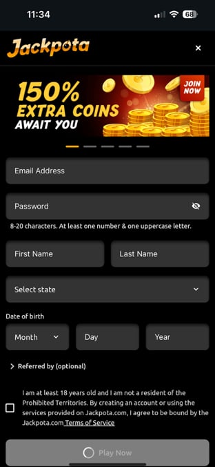 Registration screen on the Jackpota mobile app showing fields for name, date of birth, state, and email address