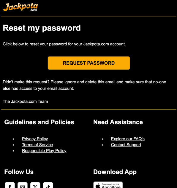 Password reset email from Jackpota with link to create a new login password