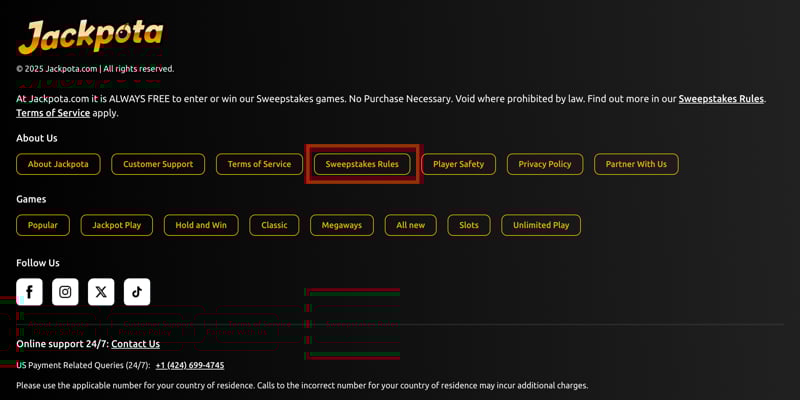 Jackpota website screen highlighting where users can find and access the official Sweepstakes Rules