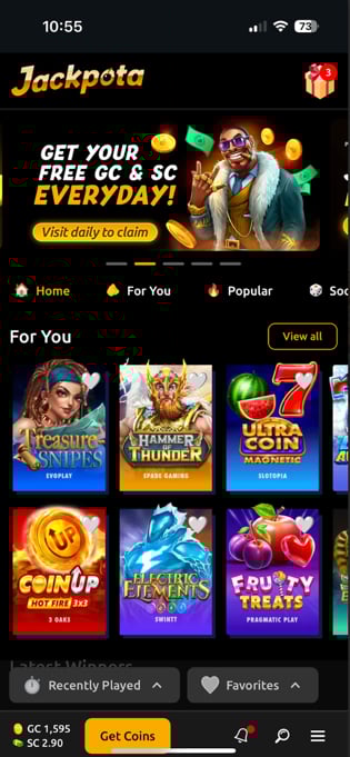 Jackpota Casino web app open on an iPhone, showing recommended games and ongoing promotions