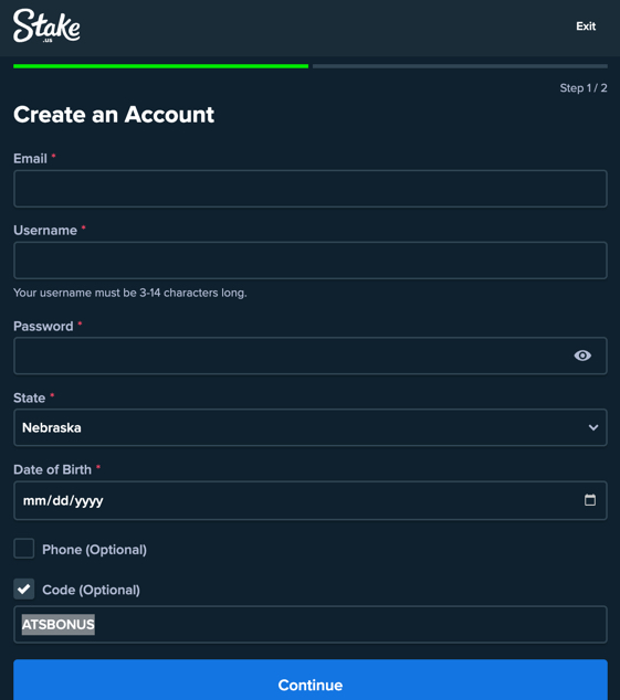 User entering a promo code at Stake.us to unlock a no-deposit bonus at a sweepstakes casino