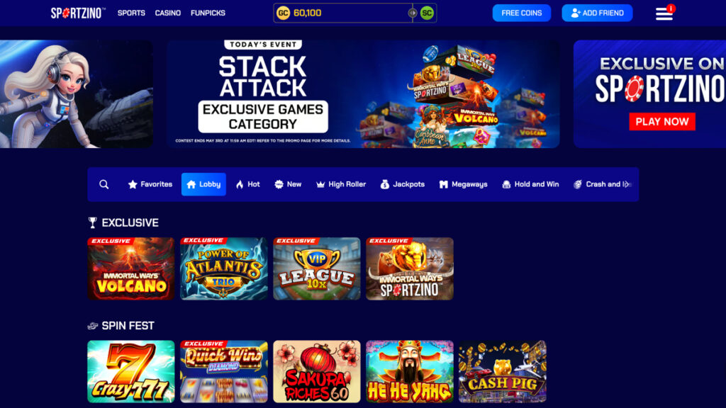 Sportzino website lobby showing sweepstakes casino games and social sports betting options