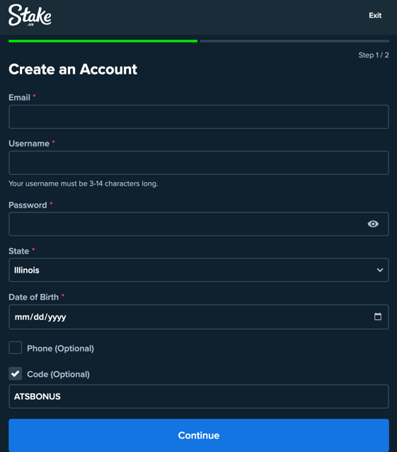Stake.us registration form, showing promo code for the casino's no-deposit welcome bonus 