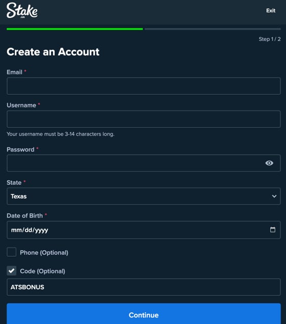 Stake.us registration page with Texas promo code entered to claim no-deposit bonus