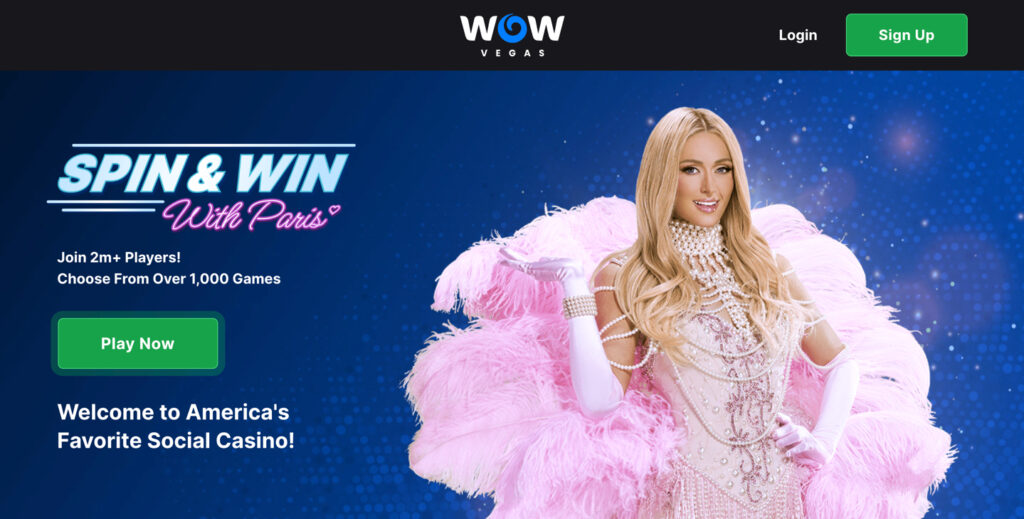 WOW Vegas homepage highlighting 1,000+ games and a player base of over 2 million users