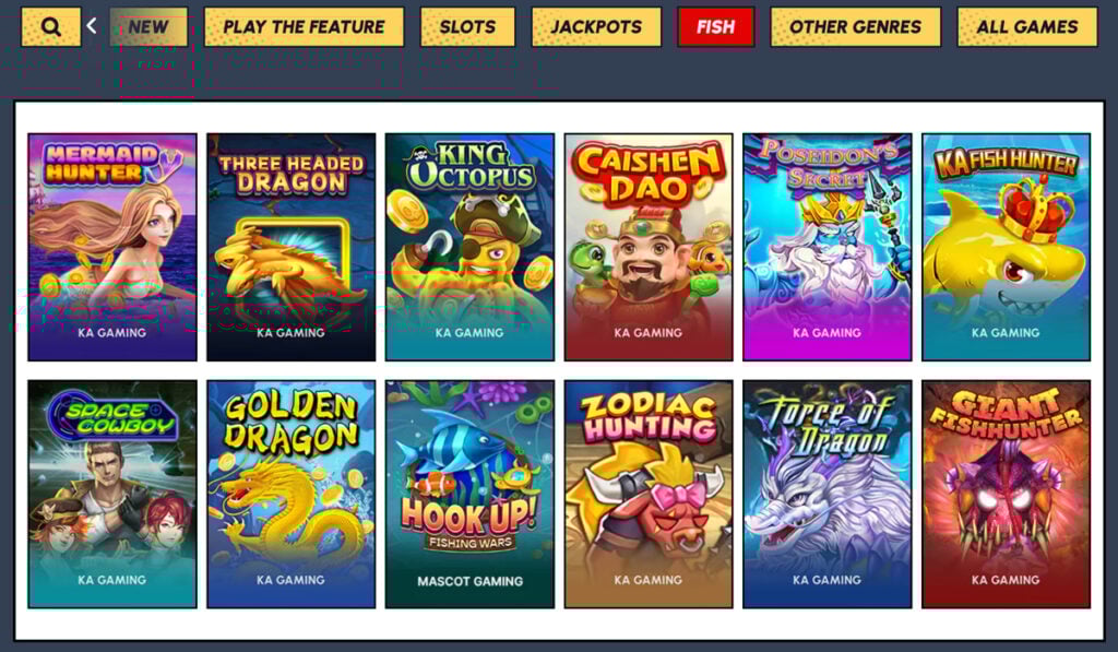 Yay Casino fish shooting games lobby featuring KA Gaming and Mascot Gaming titles with underwater and arcade-style visuals