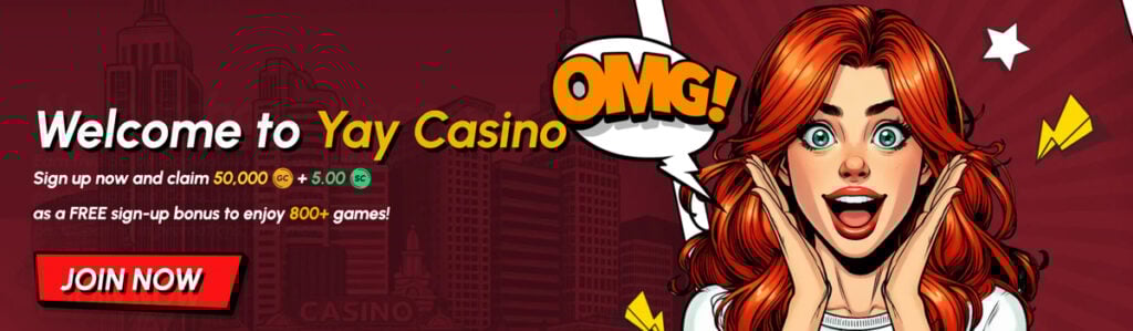 Yay Casino no-deposit bonus banner showing 50K Gold Coins and 5 FREE Sweeps Coins for new players with no purchase required