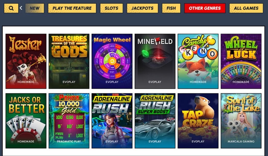 Yay Casino’s “Other Genres” game section with icons for video poker, keno, scratch cards, and other specialty games