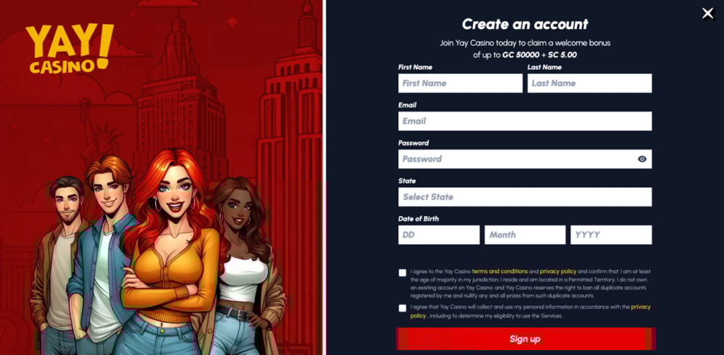 Yay Casino sign-up page with empty boxes for name, email address, password, state, and date of birth