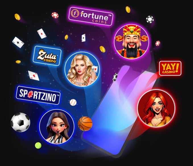Blazesoft Group sweepstakes casinos including Yay Casino, Fortune Coins, Sportzino, and Zula Casino logos
