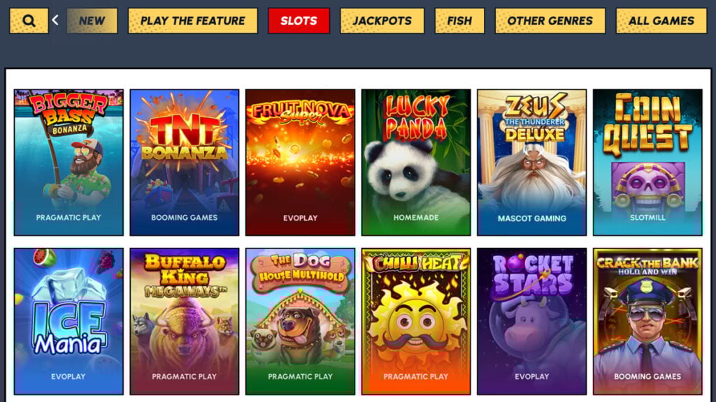Yay Casino slots lobby displaying popular titles from Pragmatic Play, Evoplay, and Booming Games