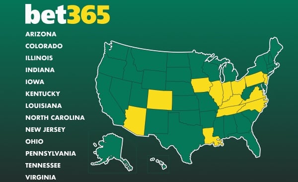 Map of the United States highlighting bet365 legal states in green, including Arizona, Colorado, Illinois, Indiana, Iowa, Kentucky, Louisiana, New Jersey, North Carolina, Ohio, Pennsylvania, Tennessee, and Virginia.