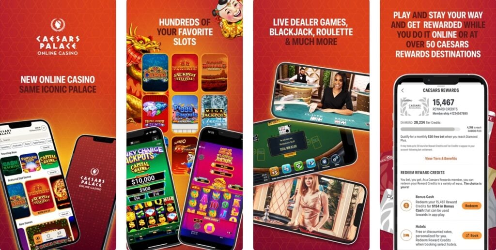 Caesars Palace Online Casino PA app listing in the App Store, showing game previews and loyalty reward info