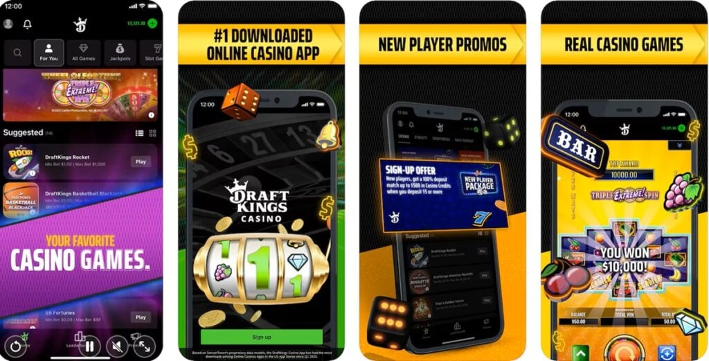 DraftKings Casino app interface on a mobile device, showcasing popular games, promotional banners, and user-friendly navigation.