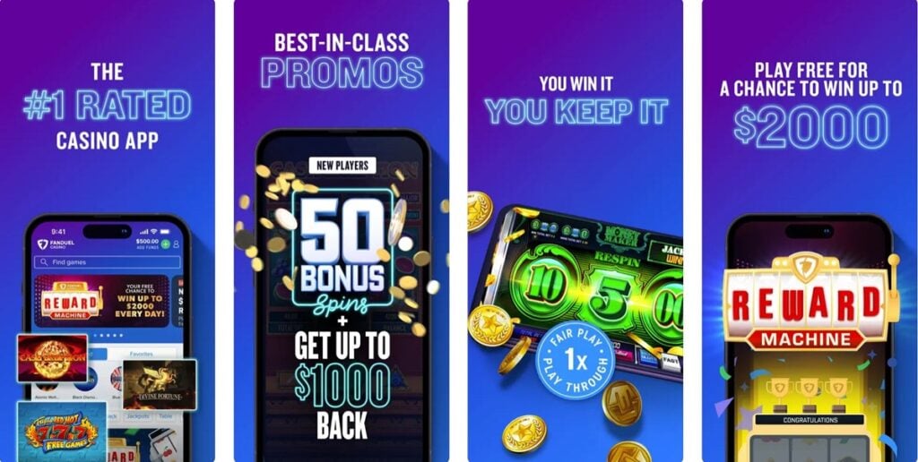 FanDuel Casino app screenshot displaying game categories, featured slots, and user navigation options on a smartphone screen.