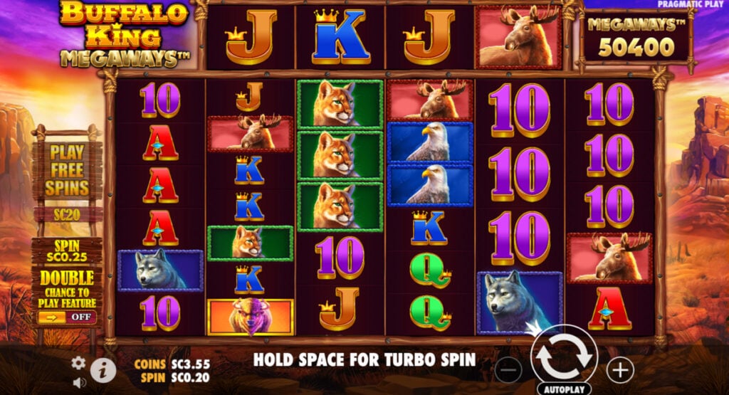 Buffalo King Megaways slot in action at Jackpota Casino, showing tumbling wins and wild multiplier features.