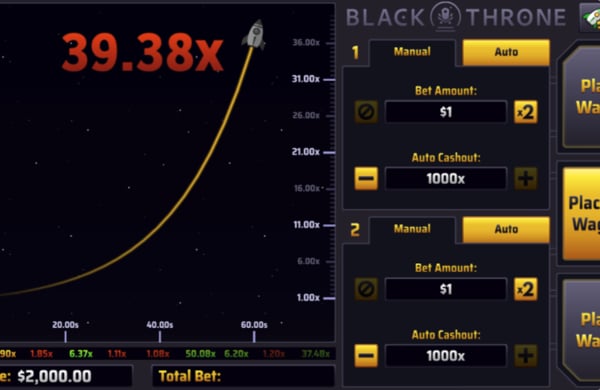 Crash-style multiplier game in progress at a Pennsylvania online casino, showing a rising multiplier and player bets