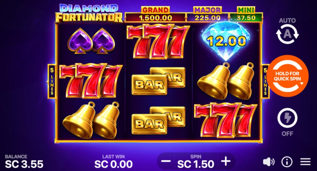 Gameplay of Diamond Fortunator: Hold and Win at Jackpota Casino, highlighting the classic 3x3 grid and bonus diamonds.