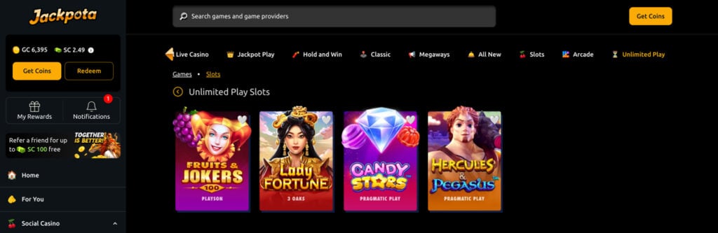 Jackpota Casino Unlimited Play slots section with games available for 1 Gold Coin per spin.