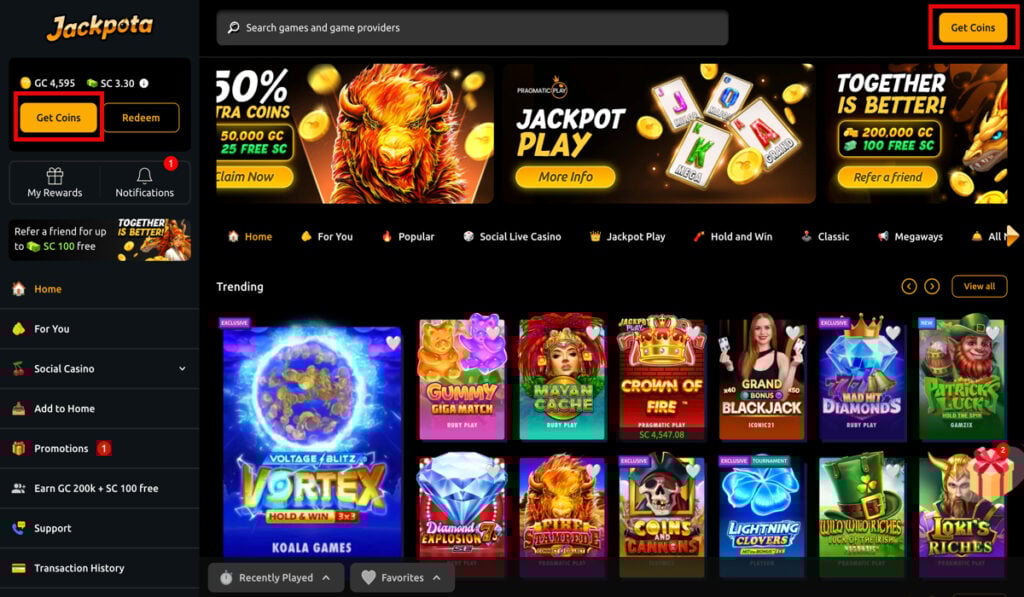 Clicking the Get Coins button to access the Jackpota Casino Store for daily rewards and purchases