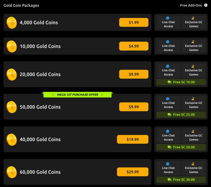 Gold Coin packages available for purchase at Jackpota.com