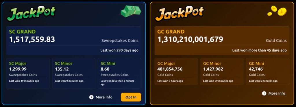 Jackpota Casino jackpot tiers showing starting amounts for GC and SC: Mini, Minor, Major, and Grand.