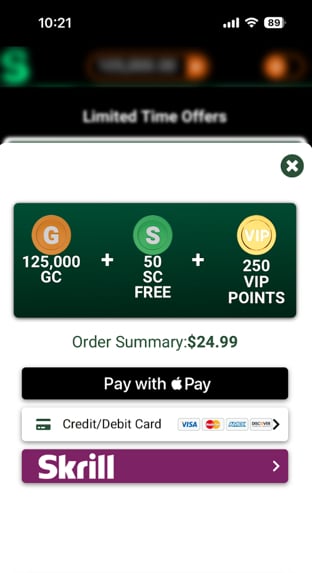 LoneStar Casino store, showing payment methods accepted for Gold Coin purchases