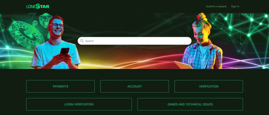 LoneStar Casino Help Center with access to customer support and FAQ articles
