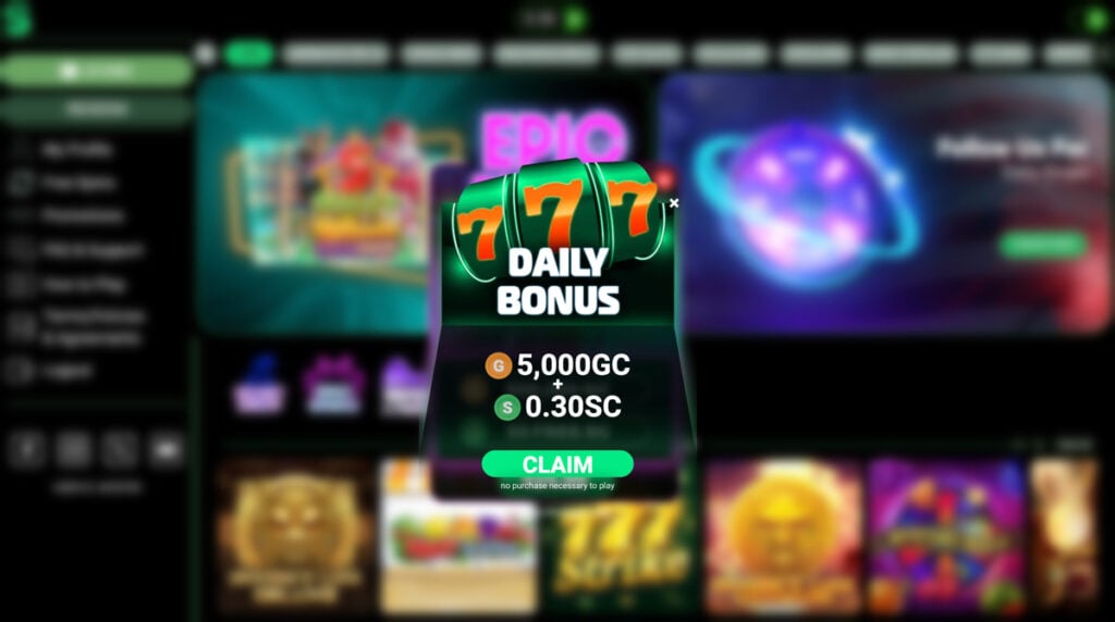 User claiming the daily login bonus at LoneStar Casino with 5,000 Gold Coins and 0.30 FREE Sweepstakes Coins awarded
