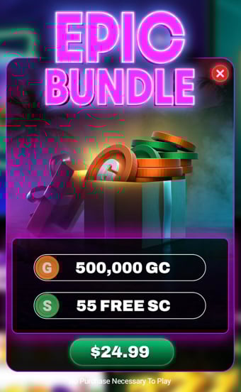 Epic Bundle pop-up offer at LoneStar Casino showing 500,000 Gold Coins and 55 FREE Sweepstakes Coins available for $24.99