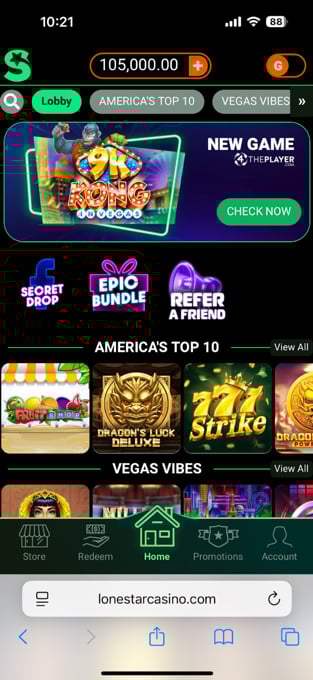 LoneStar Casino lobby on the mobile website, featuring popular games and ongoing promotions